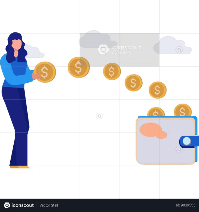 Woman Putting Money In Wallet  Illustration