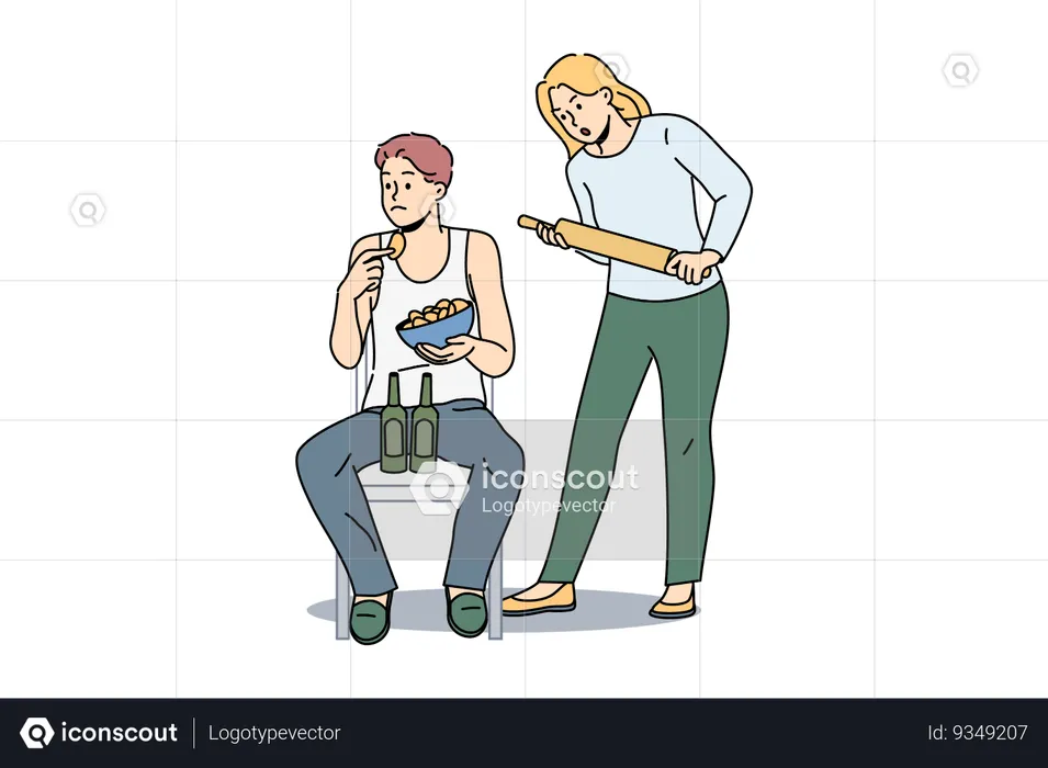 Woman quarrels with slacker husband who drinks beer and eats chips and does not want to go to job  Illustration