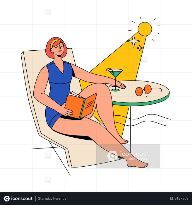 Woman Reading A Book On The Beach  Illustration