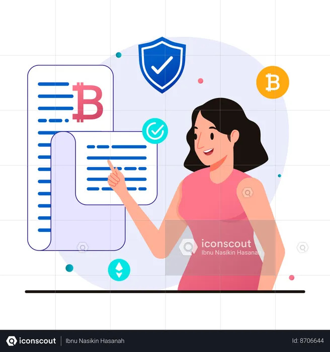 Woman reading bitcoin whitepaper to know about project information  Illustration