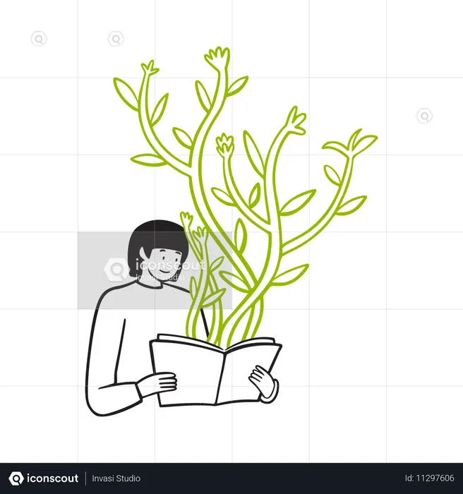 Woman reading book a plants growing around  Illustration