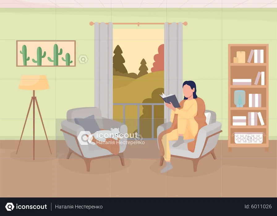 Woman reading book at home  Illustration
