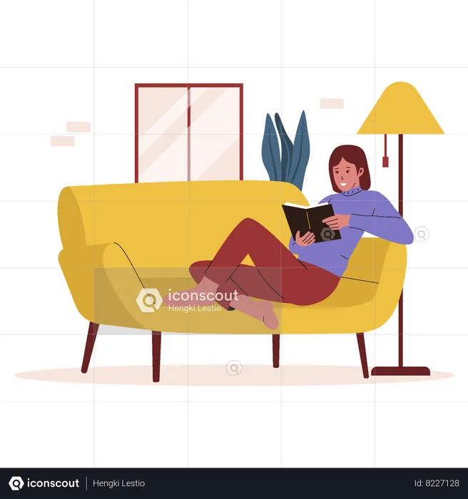 Woman reading book at sofa  Illustration