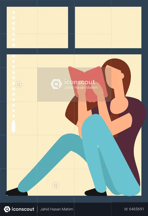 Woman reading book at window  Illustration