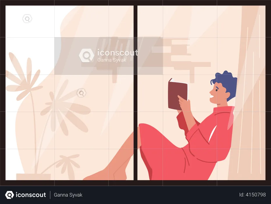 Woman reading book at window side  Illustration
