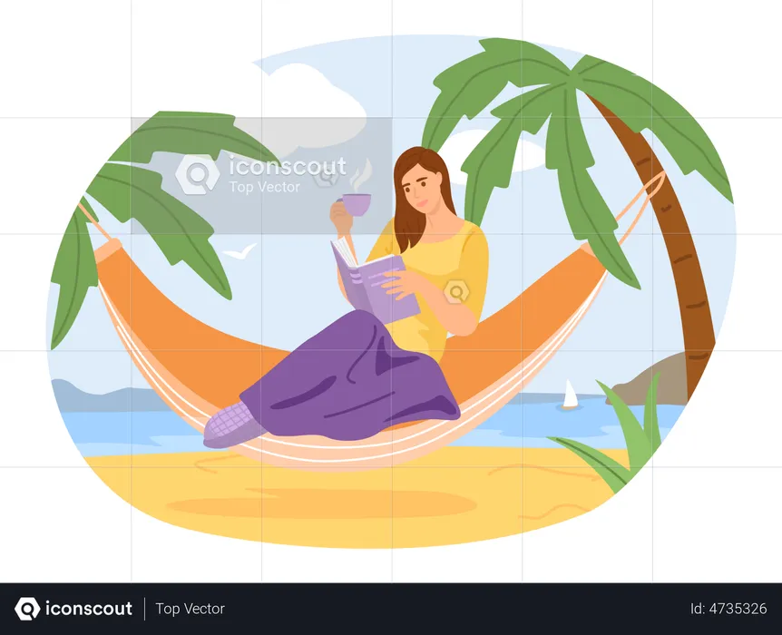 Woman reading book on vacation  Illustration