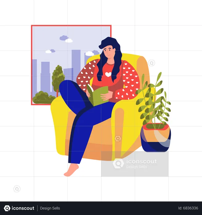 Woman reading book while sitting in chair  Illustration