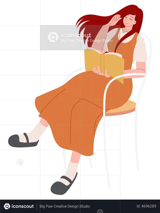Woman reading book while sitting on chair  Illustration