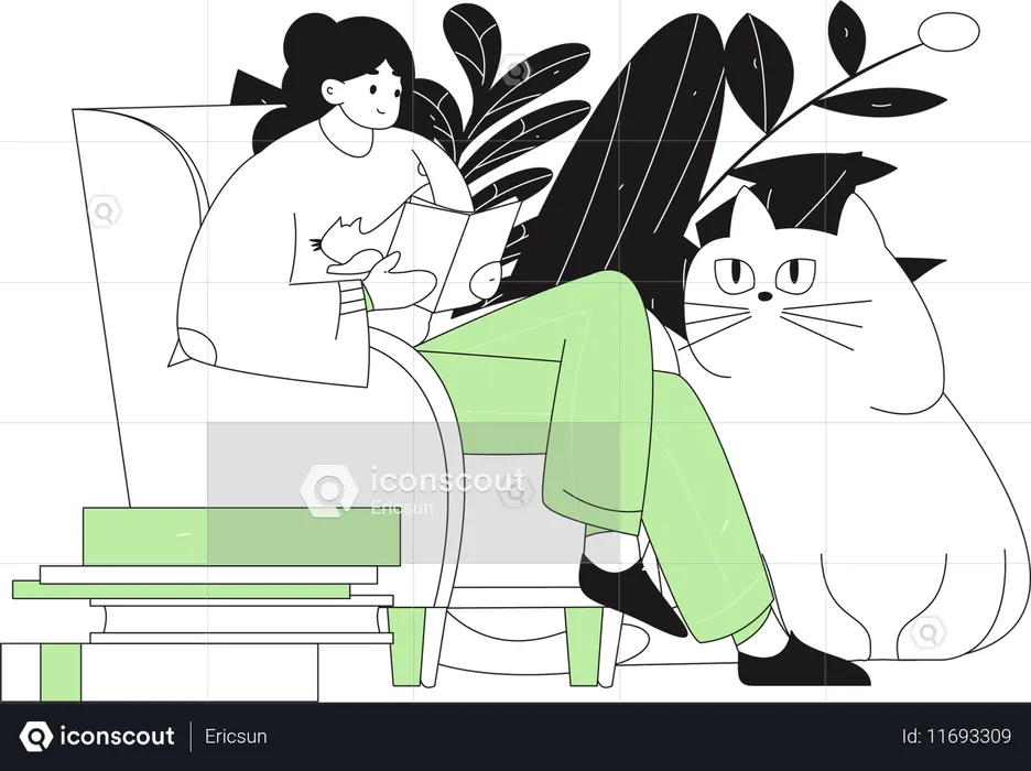 Woman reading book while sitting on couch  Illustration