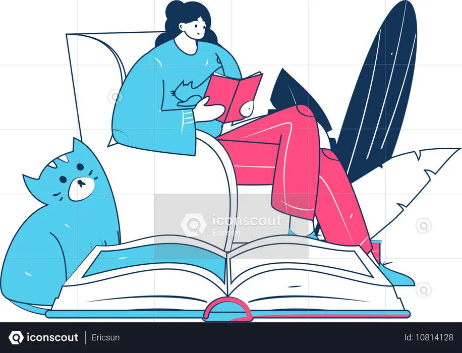 Woman reading book while sitting on couch  Illustration