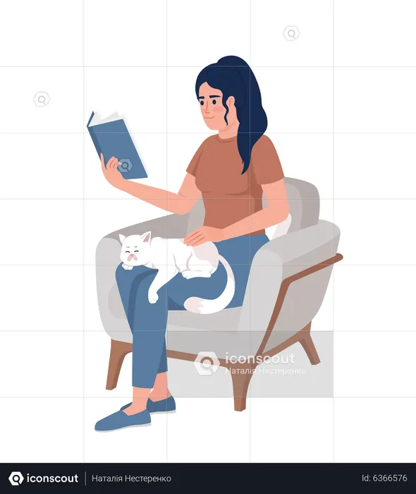 Woman reading book with cat on lap  Illustration