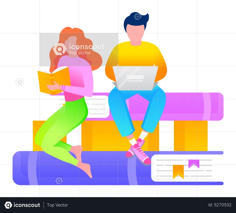 Woman Reading Books and man using Laptop  Illustration