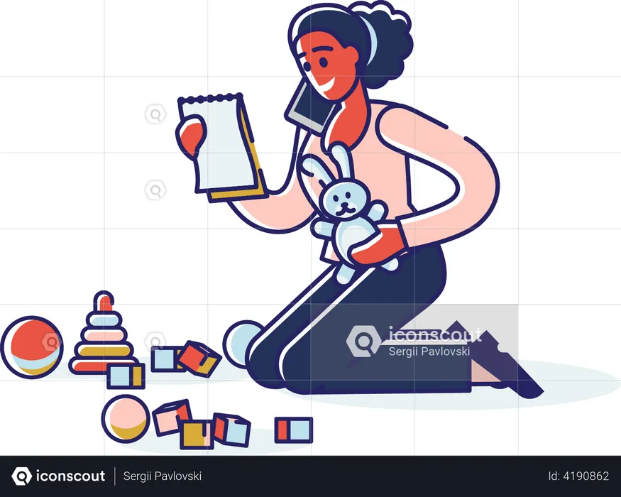 Woman reading documents while cleaning up toys  Illustration