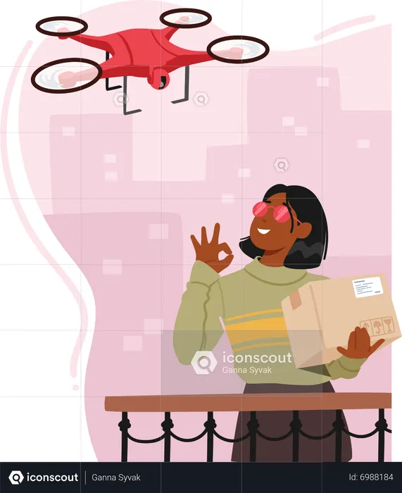 Woman Receives Parcel Through Drone Delivery Service  Illustration