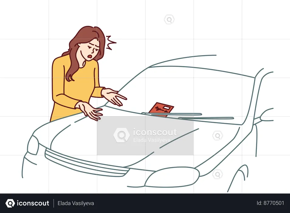 Woman receives parking fine while parking car in no parking zone  Illustration
