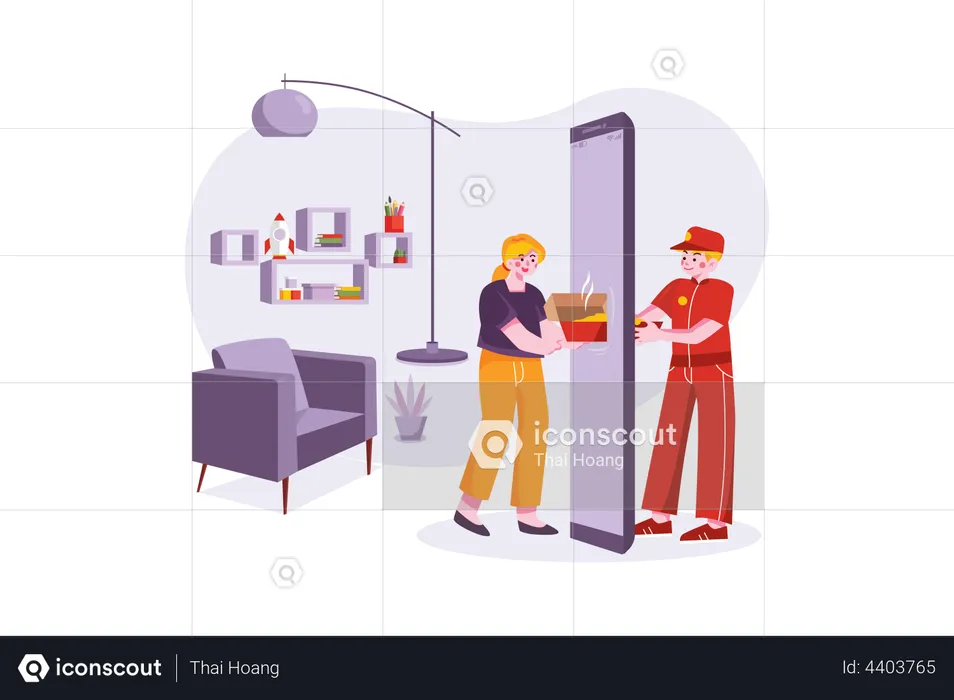 Woman receiving a ready meal from food delivery boy  Illustration