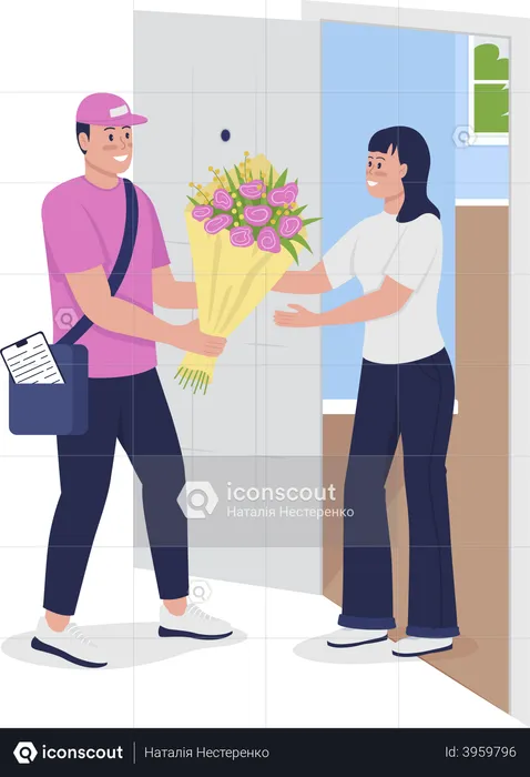 Woman receiving flower delivery  Illustration