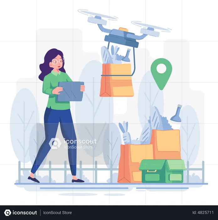 Woman receiving food delivery via drone  Illustration
