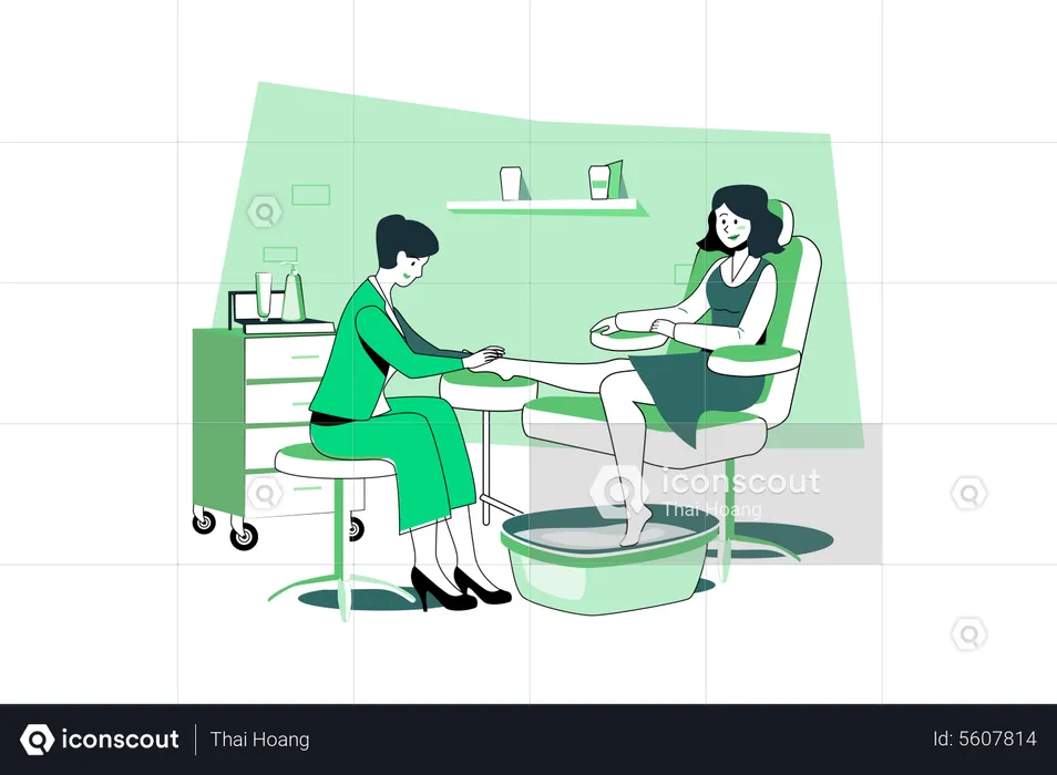 Woman receiving foot massage service from masseuse  Illustration