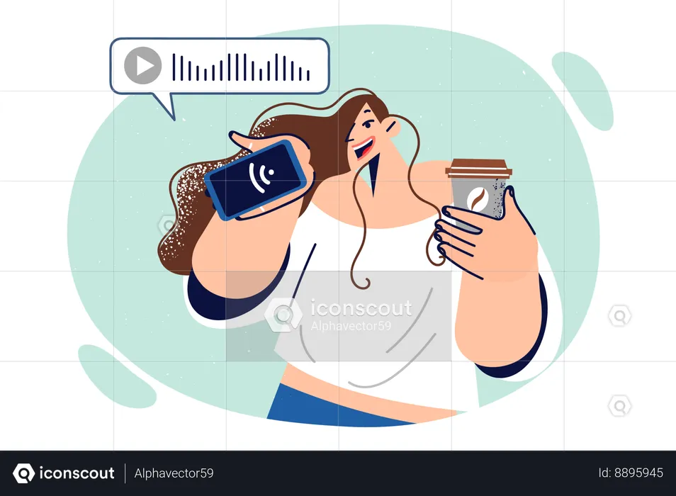 Woman records voice message on mobile phone and drinks coffee  Illustration