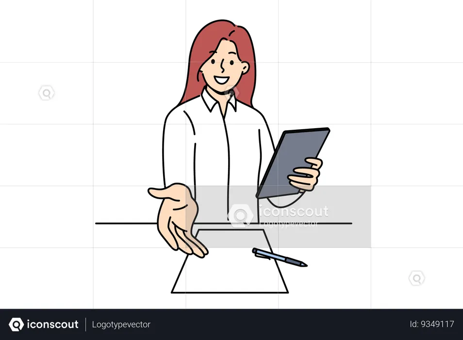Woman recruiter welcomes new applicant to interview and extending hand to screen standing near table  Illustration