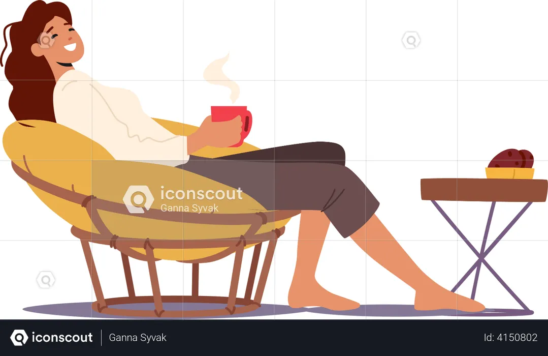 Woman relaxing and having coffee while sitting on chair  Illustration