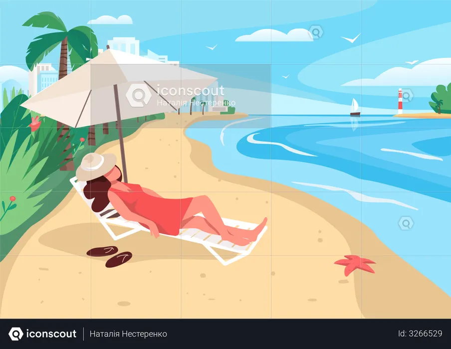 Woman relaxing at sandy beach  Illustration