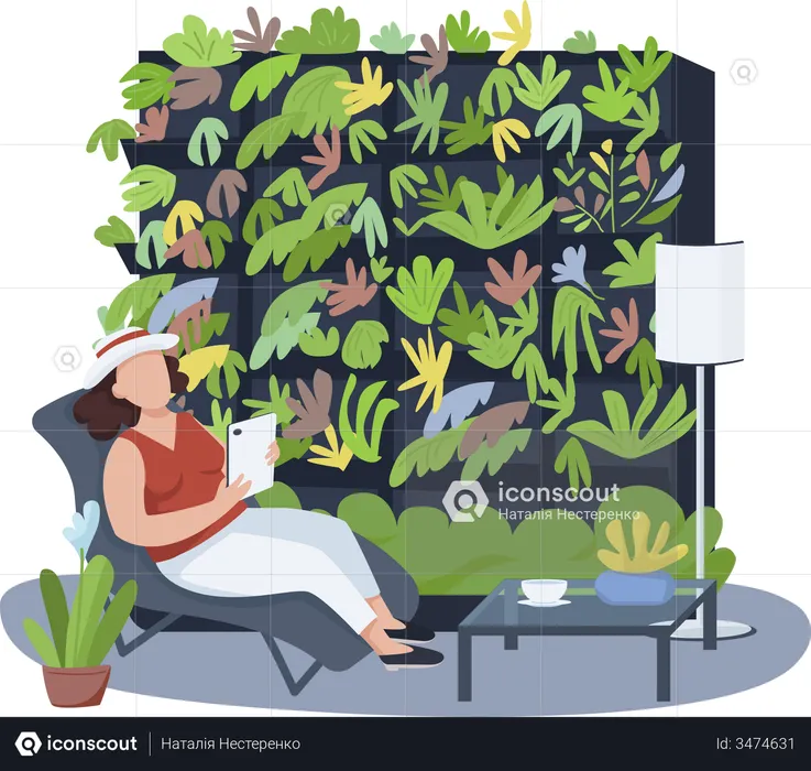 Woman relaxing between indoor plants  Illustration