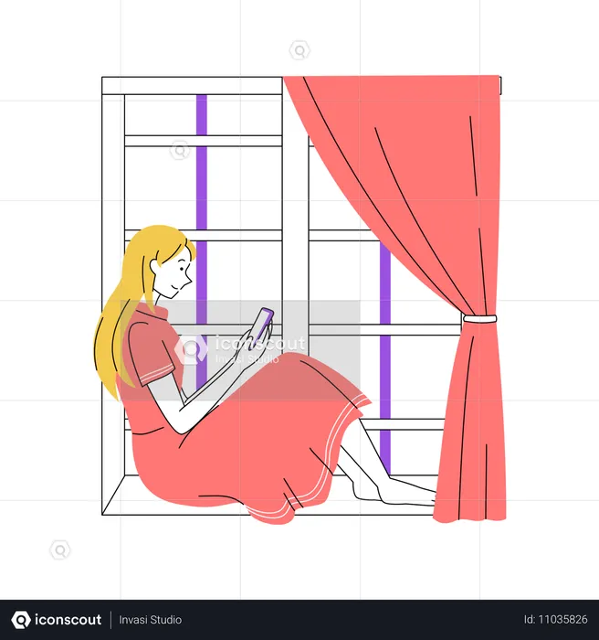 Woman Relaxing by Window with Smartphone  Illustration