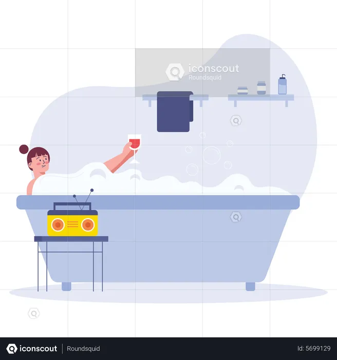 Woman relaxing in bathtub and listening broadcast  Illustration