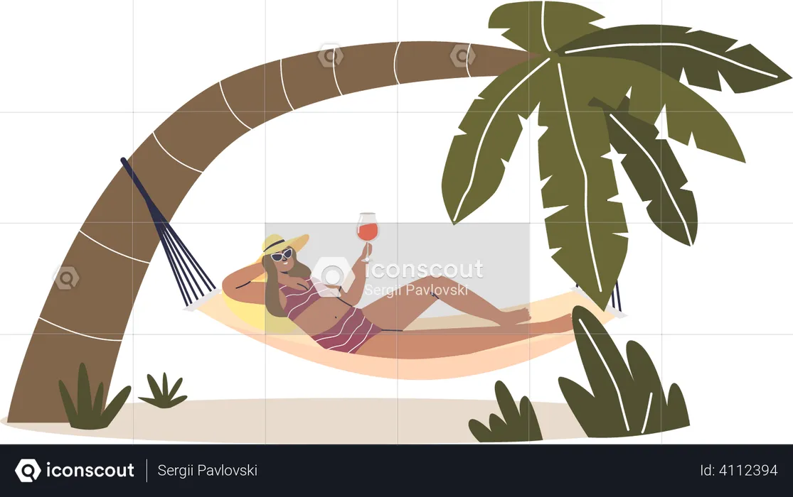 Woman relaxing in hammock with cocktail on vacation  Illustration