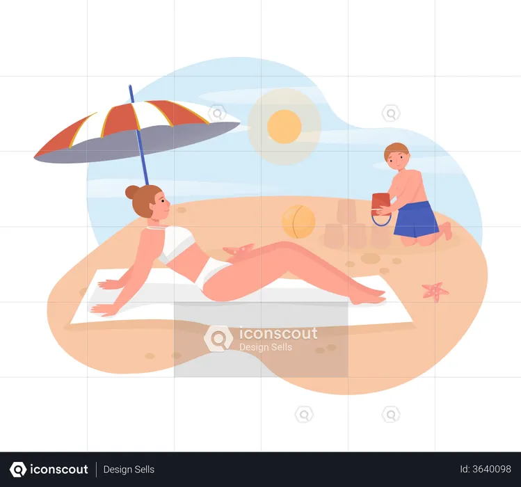 Woman relaxing on beach and boy playing with bucket  Illustration