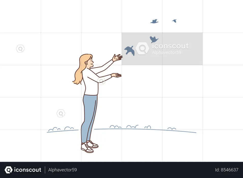 Woman releases pigeons birds to freedom for concept hope and faith in happy future  Illustration