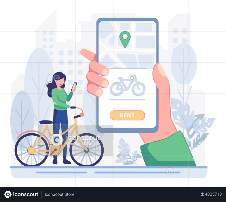 Woman renting bike from bike rental app  Illustration