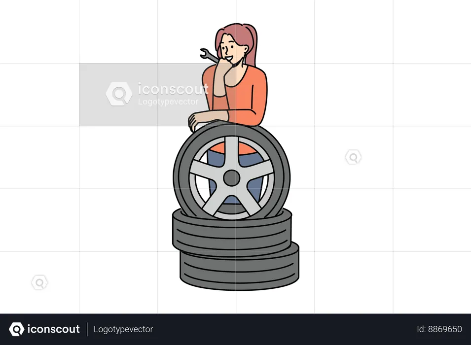 Woman repairs car tyre  Illustration