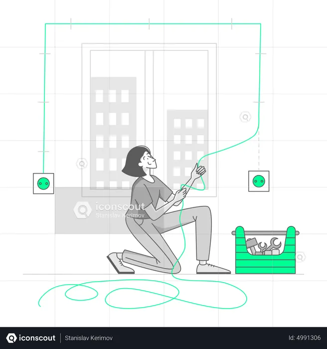 Woman repairs electrical wiring in a house  Illustration