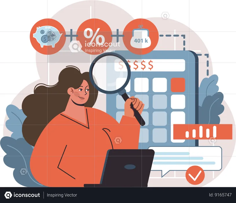 Woman research on budget calculation  Illustration