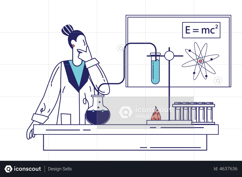 Woman researcher makes test using flasks  Illustration