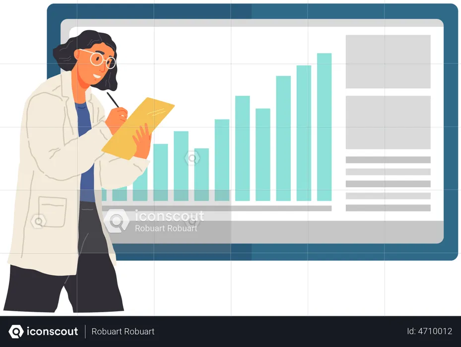 Woman researcher write research data report  Illustration