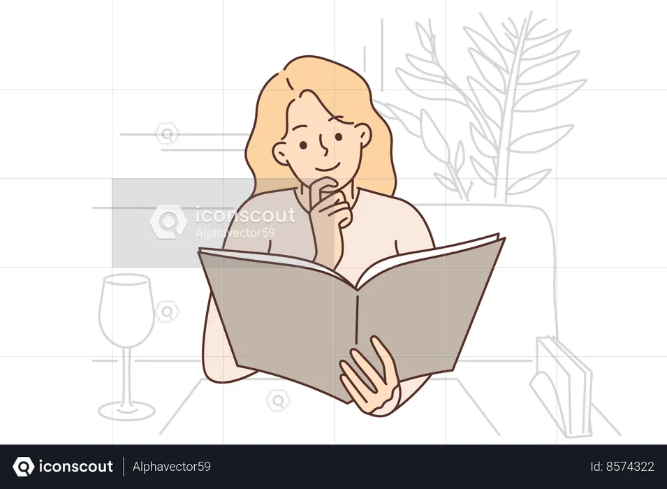 Woman restaurant visitor reads menu sitting at table with empty wine glas  Illustration