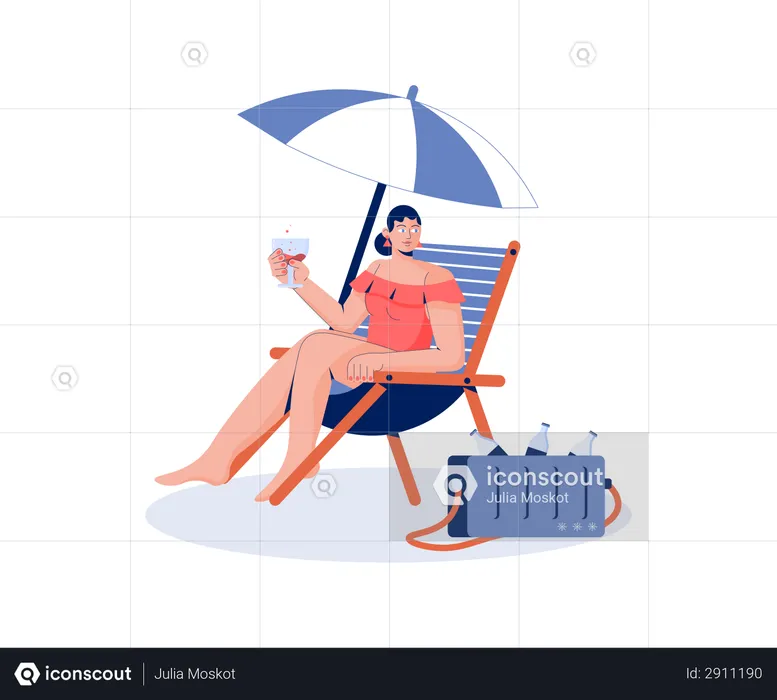 Woman Resting on beach with cold drink in summer season  Illustration