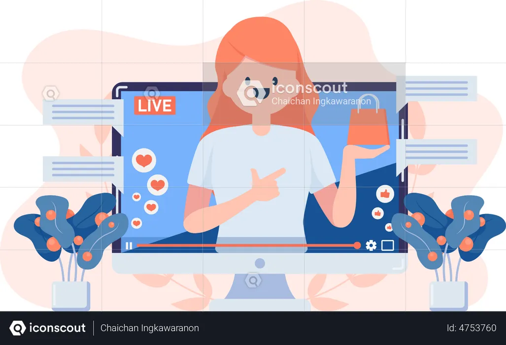 Woman Review or Selling Product Through Live Streaming  Illustration