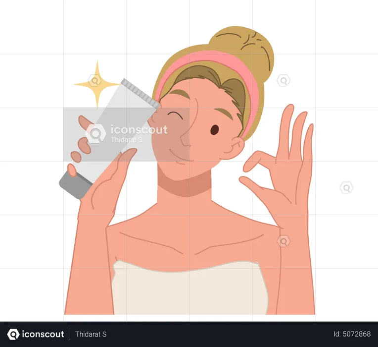 Woman reviewing facewash product  Illustration