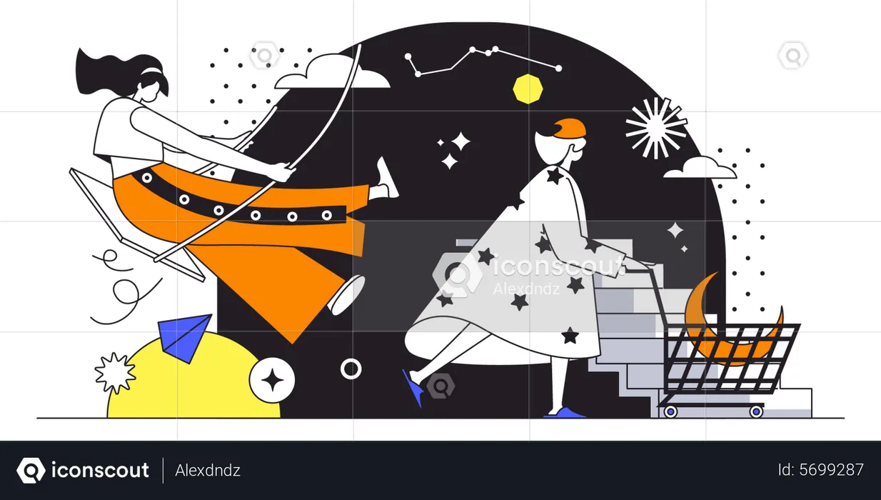Woman rides on swing among stars  Illustration