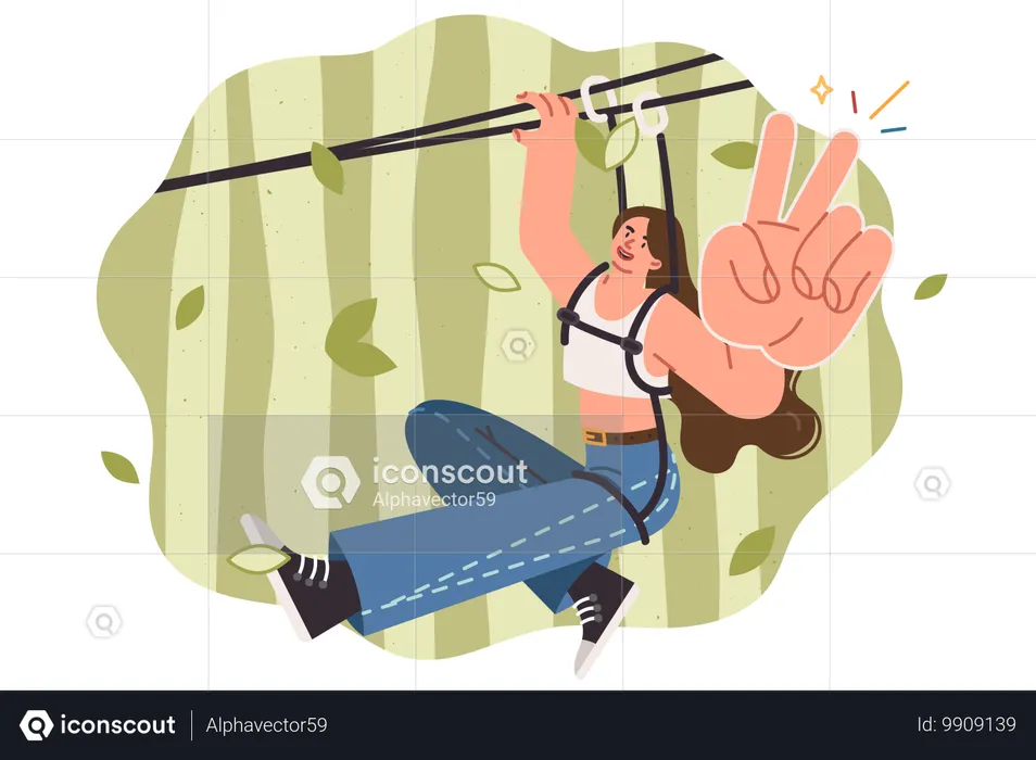 Woman rides zipline in park and shows victory gesture while enjoying extreme outdoor recreation  Illustration