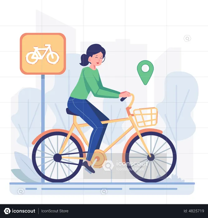 Woman riding bike in bicycle lane  Illustration