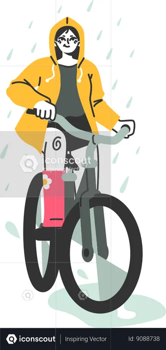 Woman riding cycle in rainy days  Illustration