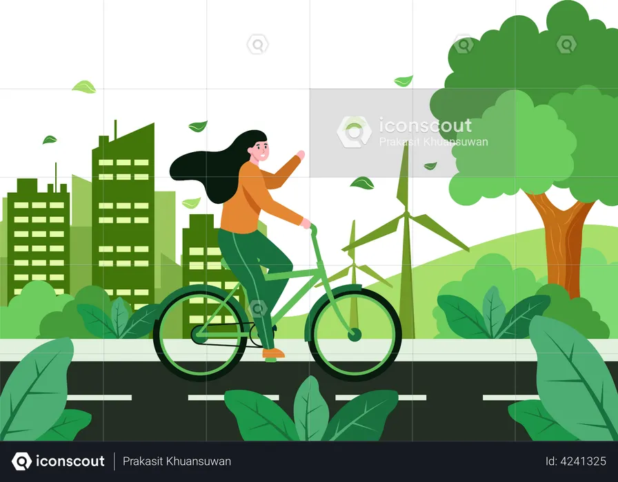 Woman riding cycle on World Car Free Day  Illustration