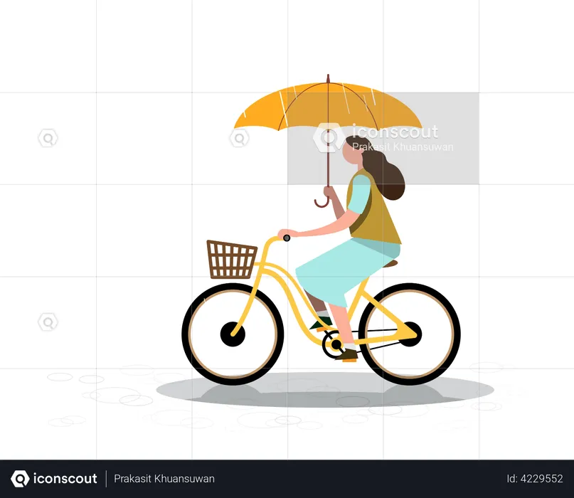 Woman riding cycle while holding umbrella during rainy season  Illustration
