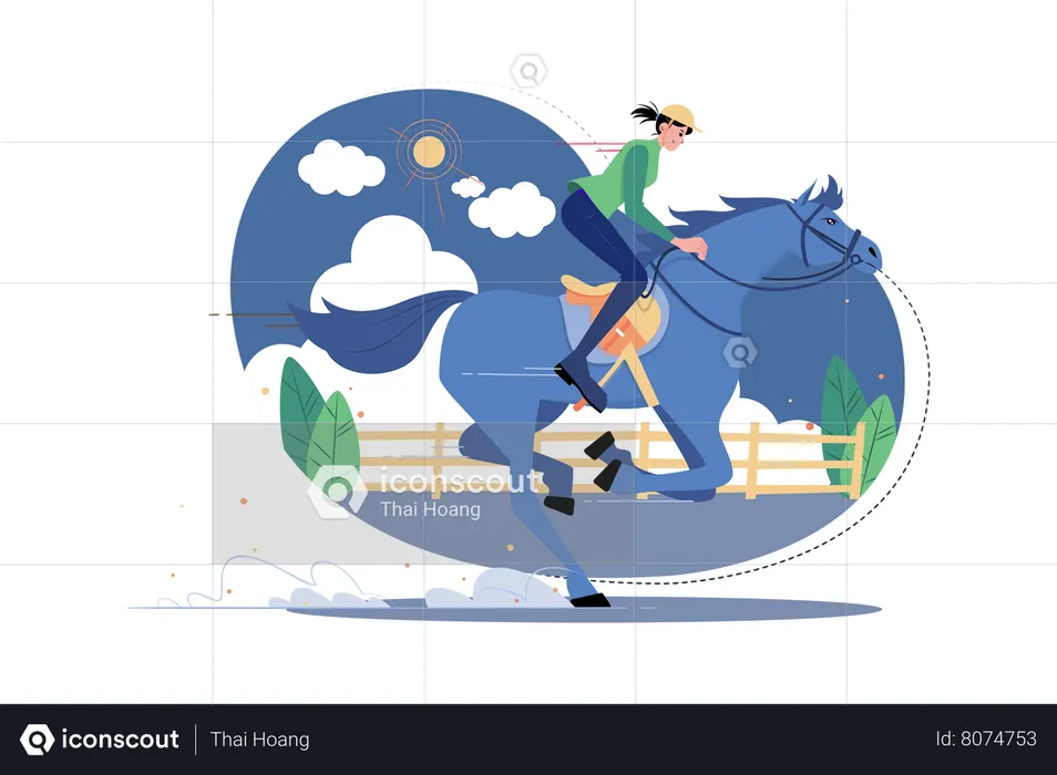 Woman riding horse in horse huddle race  Illustration